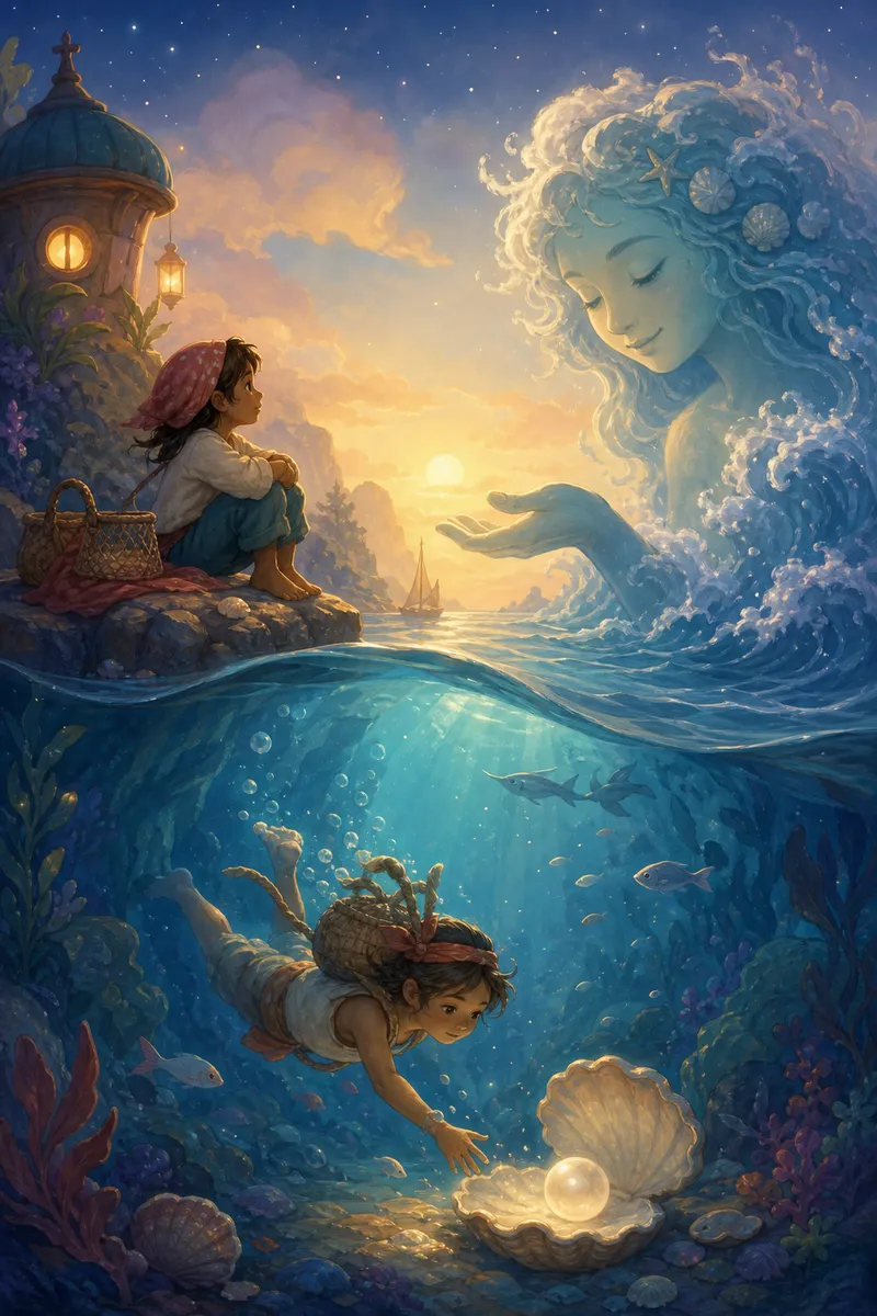Illustration for the story "The Pearl Diver and the Tide"